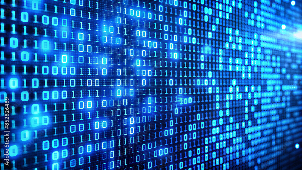 Poster a digital screen displaying a blue binary code pattern