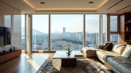 창밖에 대도시의 풍경이 보이는 고층 아파트의 거실-Living room of a high-rise apartment with a view of the city outside the window
