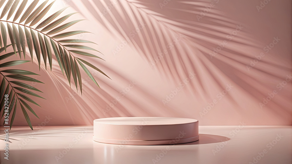 Poster a pink background with a circular product display platform and a palm leaf shadow