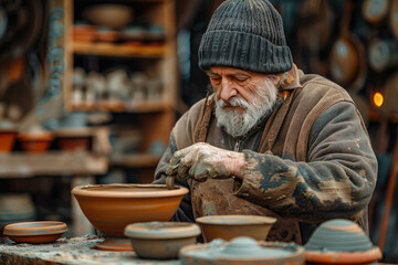 Pottery. A talented potter shapes clay on a potter's wheel, creating a unique vessel. The earthy tones and texture of wet clay highlight the artisanal process.