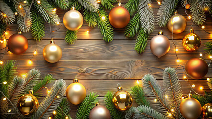 A close-up image of Christmas ornaments and string lights against a rustic wooden background, with pine branches framing the composition