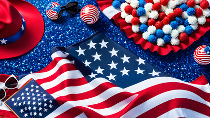Obraz premium Fourth of July aesthetic wallpaper, Independence day concept background, Fourth of July desserts, Independence day's foods, fireworks at sky, AI generated