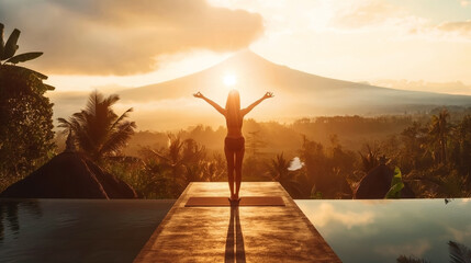 Woman practicing yoga at sunrise with tropical landscape and mountains in the background, standing...