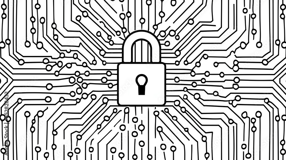 Poster cybersecurity concept with a lock symbol on a digital circuit board, signifying data protection and 