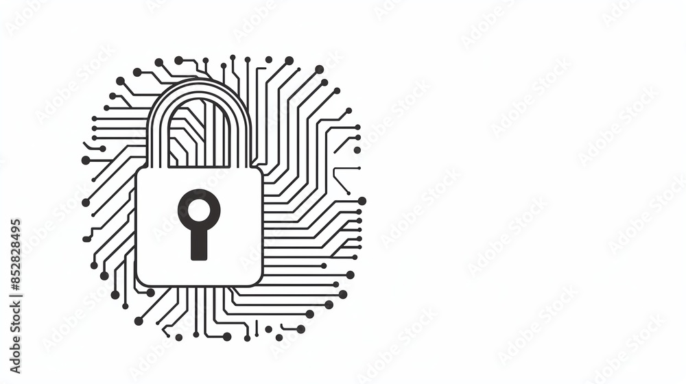 Poster digital security concept with a padlock and circuit lines, representing data protection, cybersecuri
