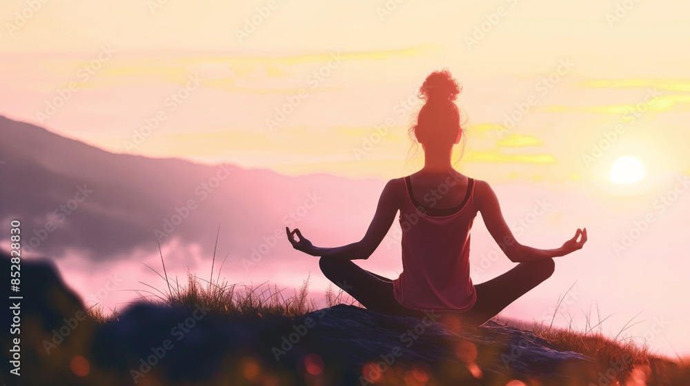 Poster Silhouette of a person meditating in a seated position outdoors during sunset with mountains in the background.