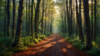 Fototapeta premium Walking through a forest where trees are made of shimmering glass and birds sing in colors ai_generated