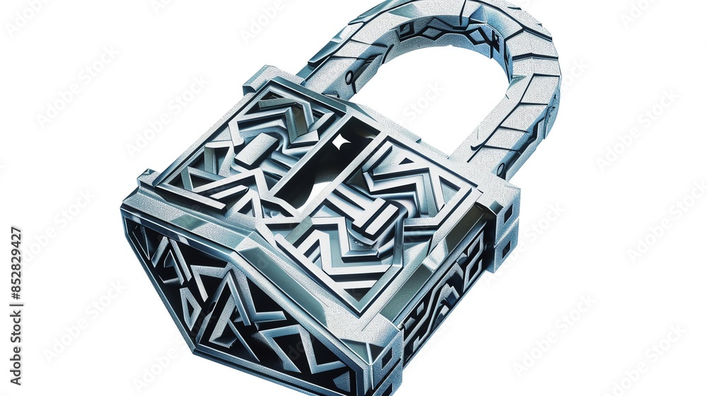 Poster intricately designed metallic padlock with geometric patterns, symbolizing security and safety. perf