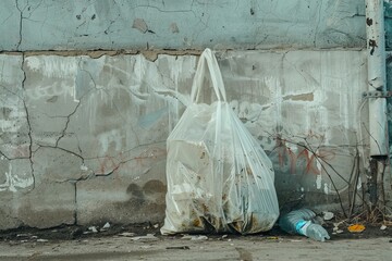 Urban trash in a plastic bag on the street, copy space