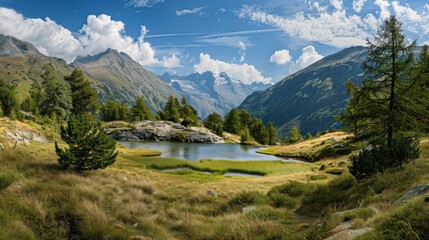 Green Lake - A peaceful view on an Alpine valley with the lake in the middle stock photo 