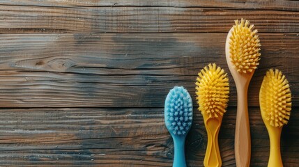 Quality cleaning services concept with plastic dishwashing brushes on wooden background