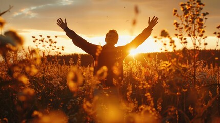On the serene backdrop of an autumn sunset meadow the silhouette of a man uplifts his hands in honor of the International Day of Peace