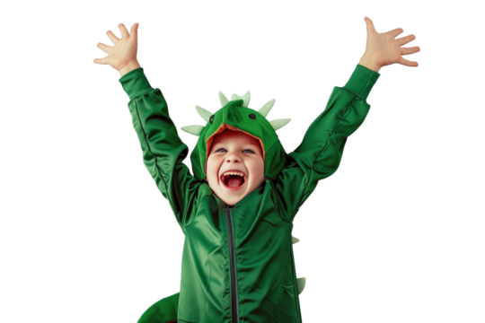 a young boy excitedly roars, dressed in a dinosaur costume with scales and spikes, transparent, isolated background. PNG  