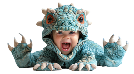 a young boy excitedly roars, dressed in a dinosaur costume with scales and spikes, transparent, isolated background. PNG  