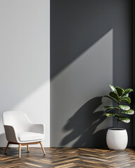 Minimalist living room apartment interiors with minimal furniture in light grey color with shadow interplay. Residential Real Estate interior composition.