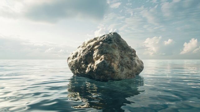 Illustrative 3D rendering of a rock amidst the ocean
