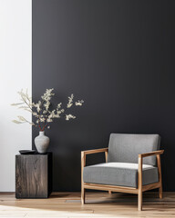 Minimalist living room apartment interiors with minimal furniture in light grey color with shadow interplay. Residential Real Estate interior composition.