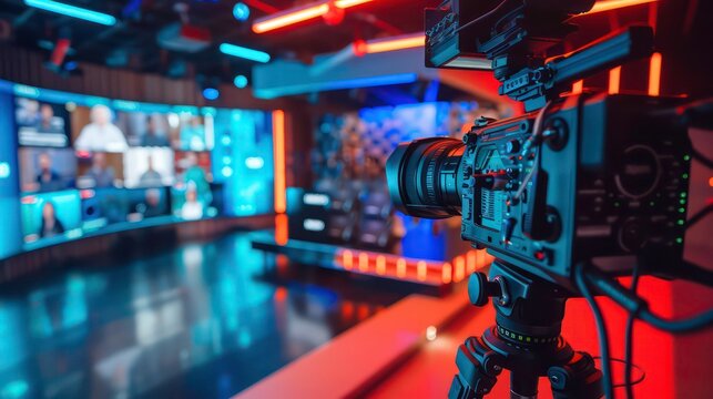 A broadcast studio with 3 seperate LED wall displaying a video conference call with fifty professionals and the main speaker before the LED wall with a camera on a tripod directed. - Powered by Adobe
