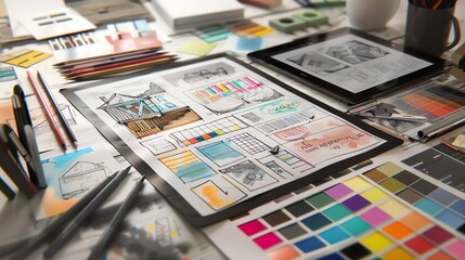 Creative workspace with design sketches, color swatches, pencils, and tablets. Perfect for illustrating artistic projects and design processes.