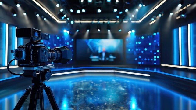 A broadcast studio with 3 seperate LED wall displaying a video conference call with fifty professionals and the main speaker before the LED wall with a camera on a tripod directed.