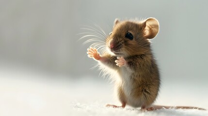A cute little mouse, sitting on its hind legs with one paw in the air as if it were holding something or playing with someone. The background is white and the mouse has brown fur.