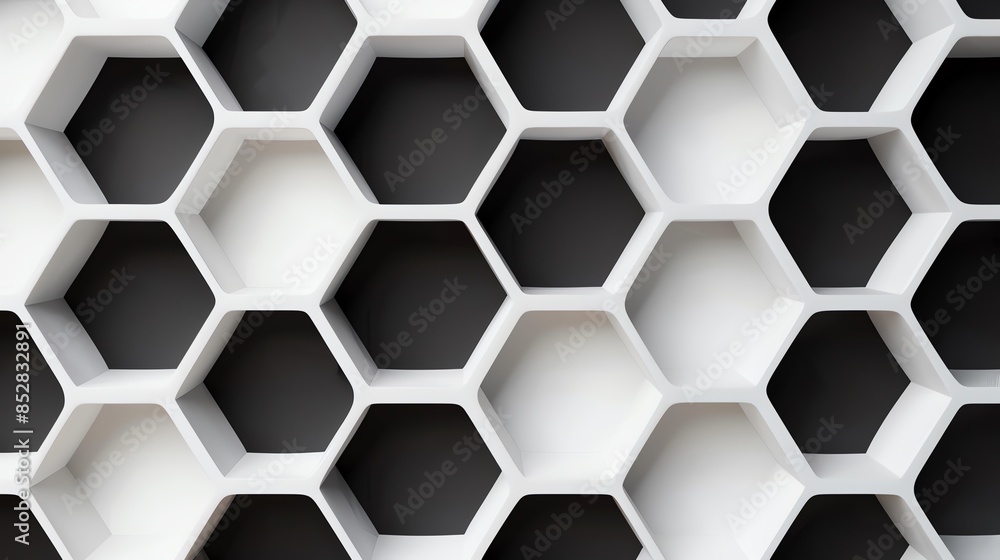 Poster abstract honeycomb pattern in black and white, showcasing geometric hexagons and modern design eleme