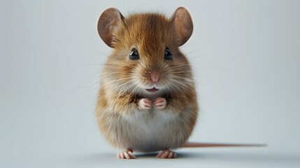 A cute little mouse, sitting on its hind legs with one paw in the air as if it were holding something or playing with someone. The background is white and the mouse has brown fur.