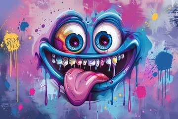 Vibrant cartoon illustration of a playful character with an eye and tongue