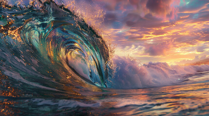 Naklejka premium Dramatic Ocean Wave at Sunset