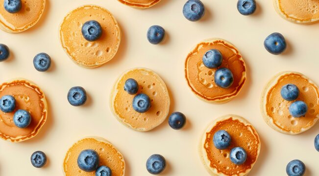 Pancakes with blueberries on pastel cream background, top view. Pattern with pancakes and fresh blueberries, minimal flat lay style.