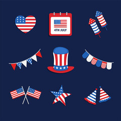 Flat 4th of july elements collection for banner, poster, greeting card, website, etc.