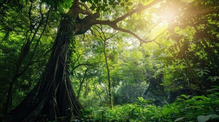 Fototapeta premium Serene Asian Forest Towering Trees and Lush Greenery