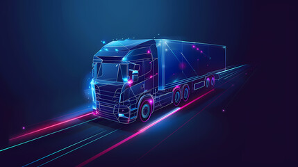 Tractor truck. Abstract vector 3d heavy lorry van. Highway road. Isolated on dark blue background. Transportation, logistics or international shipping concept.