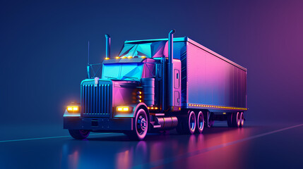 Tractor truck. Abstract vector 3d heavy lorry van. Highway road. Isolated on dark blue background. Transportation, logistics or international shipping concept.