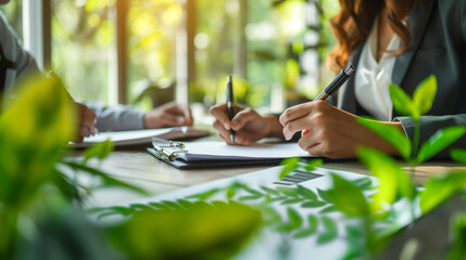 A detailed telephoto angle capture of a business specialist taking notes while discussing financial options with investors, environmental scientists, engineers, activists working,
