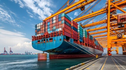 A large container ship is docked at the port, with containers stacked on its deck and cargo in red boxes arranged neatly. the essence of global trade, showcasing one part of a bustling harbor scene.