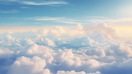 A breathtaking view of fluffy white clouds against a vibrant blue sky, bathed in the golden glow of the setting sun.