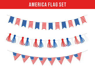 Collection of festive holiday bunting with the United States flag ornament. Isolated clipart elements. American decorations.