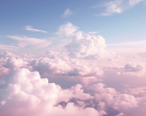 A serene sky with fluffy white clouds against a soft pink and blue backdrop.