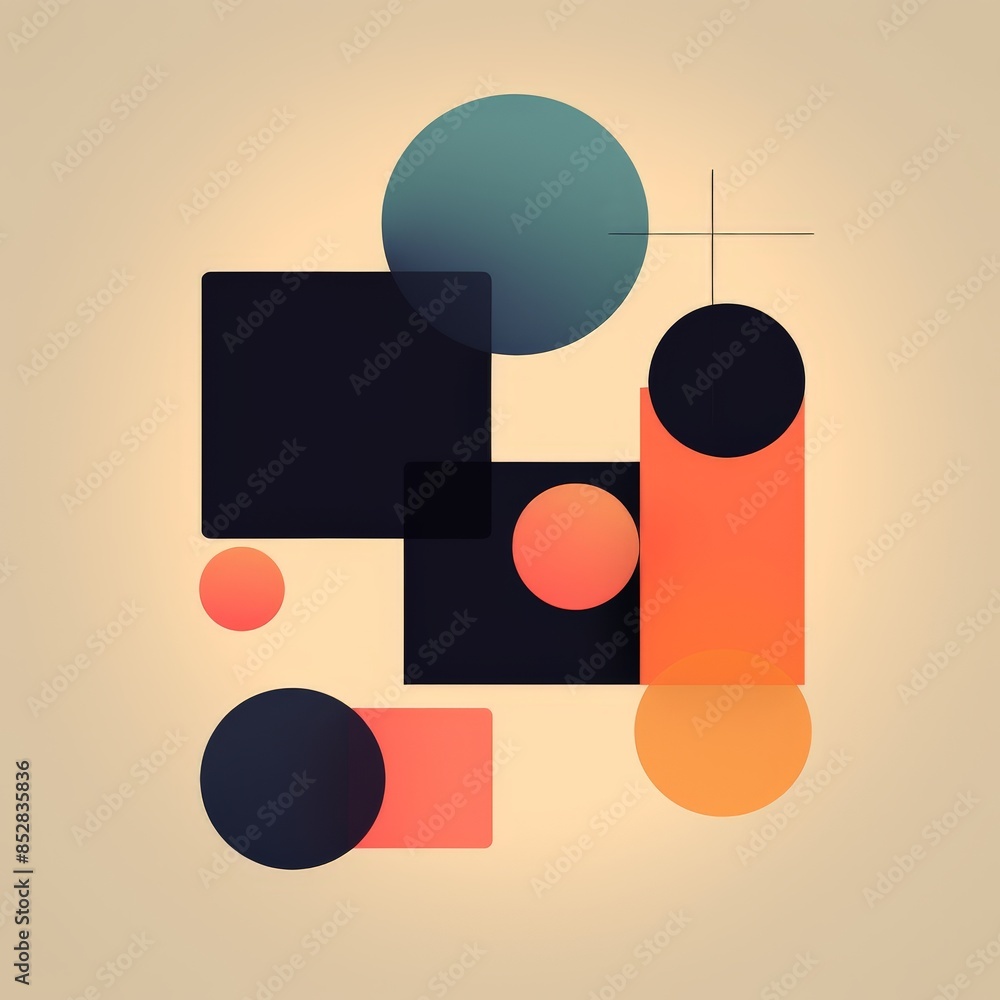 Poster abstract geometric design with squares, circles and rectangles in various colors against a beige bac