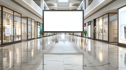 Obraz premium A mockup of an empty digital billboard in the middle of a mall, featuring white space for advertising copy and surrounded by busy storefronts with glass windows.