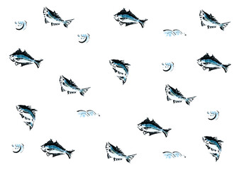 魚　和風手書き筆イラスト　総柄