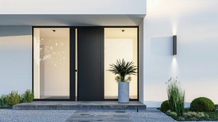 Modern front door with glass and aluminum frame on the facade of a white house. Front view of a stylish house exterior with modern architecture. Minimal front yard, potted plants.