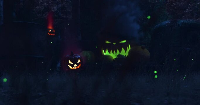 Dancing Jack-o'-lanterns: Halloween Pumpkin People Grooving on a Rugged Pickup Truck in the Dark Forest