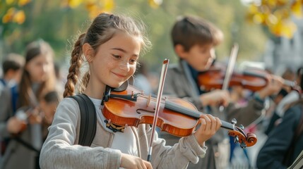 A young girl is playing the violin in front of a group of children