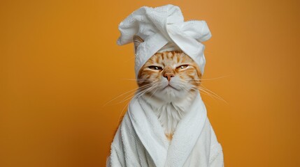 A ginger cat wearing a white bathrobe and a white towel on its head is sitting against an orange background. The cat has a grumpy expression on its face.