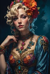 Fototapeta premium portrait of a beautiful blonde woman with flowers and jewellery in the style of a gypsie tarrot psychic..