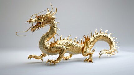 Fototapeta premium 3D model of a golden Chinese dragon statue, rendered on a white background
