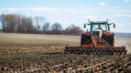 Obraz premium A tractor is plowing a vast, empty field with a disc harrow, readying the soil for planting. Bare trees and a clear sky form the background.