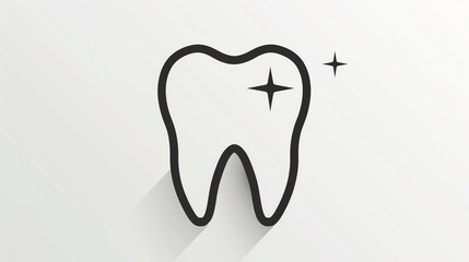 Minimalist black and white vector tooth icon with a sparkle representing dental health and hygiene on a light background.